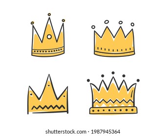 Coronas de doodle dibujadas a mano, cuatro coronas de rey o reina, vectores eps10 ilustración