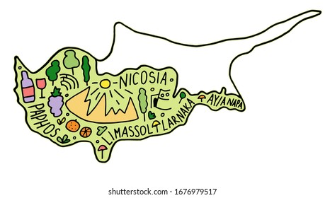 El mapa de Chipre dibujado por la mano en color. nombres de ciudades y lugares emblemáticos de las caricaturas, lugares de interés turístico. viaje, afiche gráfico cómico de viaje, diseño de concepto de banner. 