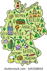 Colored Hand drawn doodle Germany map. German city names lettering and cartoon landmarks, attractions cliparts. travel, trip comic infographic poster, banner concept design. Ball, Bremen, Berlin