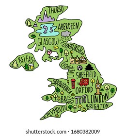 Colored Hand drawn doodle Great Britain map. England city names lettering and cartoon landmarks, tourist attractions cliparts. US travel, trip comic infographic poster, banner concept design. 