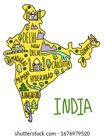 Mapa de la India dibujado con doodle Hand. Nombres de ciudades indias y lugares emblemáticos de las caricaturas, lugares de interés turístico. viaje, afiche gráfico cómico de viaje, diseño de concepto de banner. 