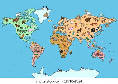 Colored Hand drawn doodle map with endemic animals. European typical wildlife. World fauna. habitats. Vector illustration 
