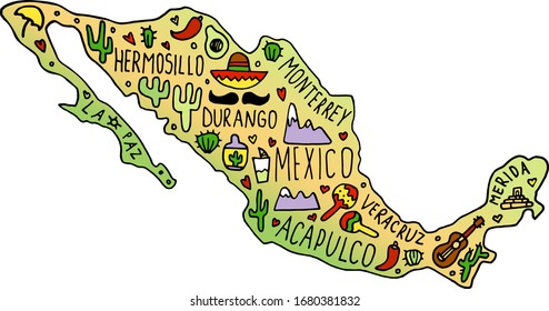 Colored Hand drawn doodle Mexico map. Mexican city names lettering and cartoon landmarks, tourist attractions cliparts. travel, trip comic infographic poster, banner concept design