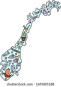 Colored hand drawn doodle Norway map. Norwegian city names lettering and cartoon landmarks, tourist attractions cliparts. travel, trip comic infographic poster. bear, snow, mountains, oslo, fish