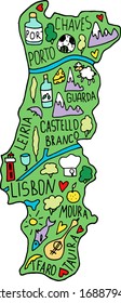 Colored Hand drawn doodle Portugal map. Portugalian city names lettering and cartoon landmarks, tourist attractions cliparts. travel,  infographic poster, banner concept design. Portu, Lisboa, chaves