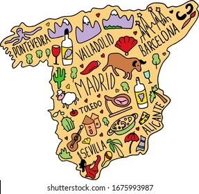 Colored Hand drawn doodle Spain map. Spanish city names lettering and cartoon landmarks, tourist attractions cliparts. travel, trip comic infographic poster, banner concept design