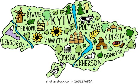 Colored Hand drawn doodle Ukraine map. Ukrainian city names lettering and cartoon landmarks, tourist attractions cliparts. travel, trip infographic poster, banner concept design. Kyiv, Poltava, Odessa