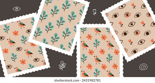  Farbige handgezeichnete Doodles nahtlose Muster-Set. Blumen, Vogel, Augen, Zweig, Blätter wiederholen sich auf beigem Hintergrund. Netter Cartoon-Stil. Vektorgrafik.