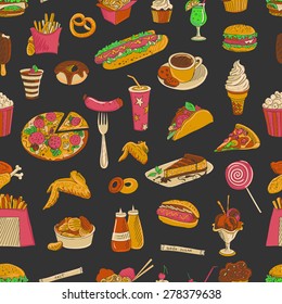 Colored hand drawn fast food pattern, excellent vector illustration, EPS 10