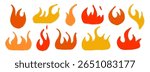 Colored hand drawn fire shape set. Crayon sketch burning flame collection. Red, yellow chalk grunge elements pack. Pastel pencil doodle bundle for collage, sticker, poster, banner. Vector illustration
