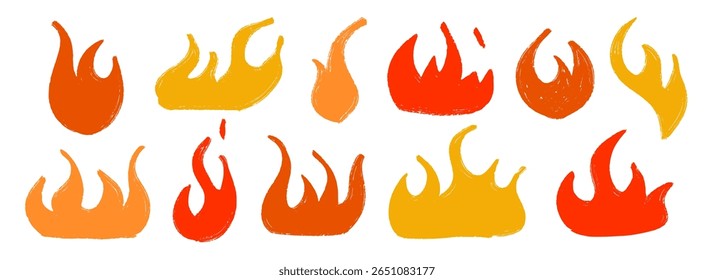 Colored hand drawn fire shape set. Crayon sketch burning flame collection. Red, yellow chalk grunge elements pack. Pastel pencil doodle bundle for collage, sticker, poster, banner. Vector illustration