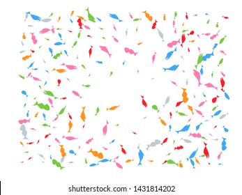 Colored hand drawn fish rendering. Super confetti assembled. Confetti new background gradient.