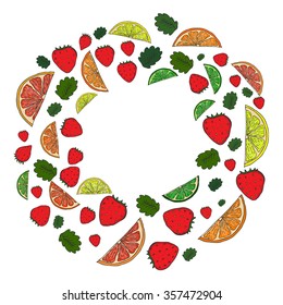 Colored hand drawn frame made with different fruits and herbs necessary for mojito or other fresh cocktail. Food, textile, postcard industry, entertainment.