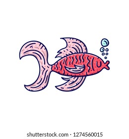 Colored hand drawn funny pink fish cliaprt. Vector illustration