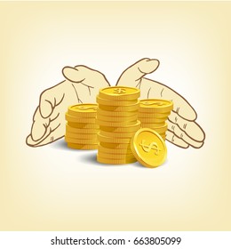 Colored hand drawn hands with golden coins. Vector banking or casino concept.