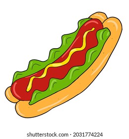 Colored hand drawn hot dog sandwich vector illustration isolated in a white background, fast food icon