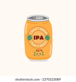 Colored hand drawn illustration of beer in aluminum can. IPA, refreshing low-alcohol cold drink. Design elements for menu restaurant, bar, pub.