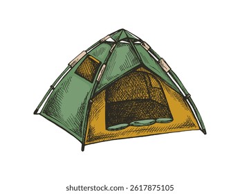 Colored  hand drawn illustration of a dome-style camping tent with an open entrance. Suitable for themes related to hiking, adventure tourism, nature exploration, and wilderness camping. Isolated