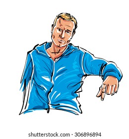 Colored hand drawn illustration of relaxed sitting fair-haired man.