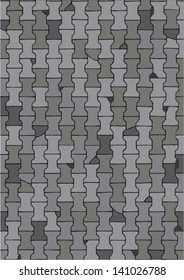 Colored hand drawn image of paved road surface mosaic, viewed from above.