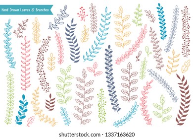 Colored hand drawn leaves and branches on white background, vector eps10 illustration