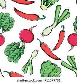 colored hand drawn of leek, chili pepper and radish in seamless pattern