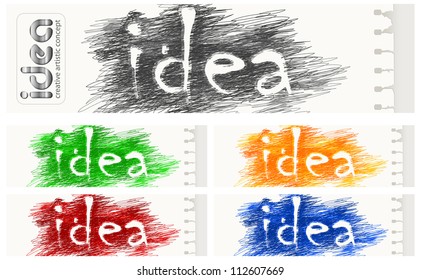Colored hand drawn letters, word idea� on scribbled background & text, vector illustration