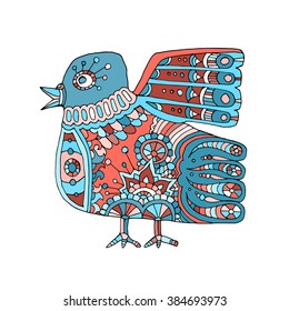 colored hand drawn mexican bird, coloring book, white background, vector illustration