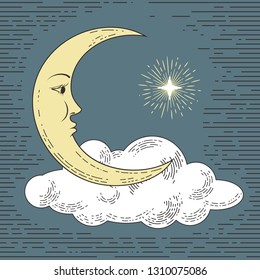 Colored hand drawn moon with cloud and star. Stylized as engraving. Vector illustration.