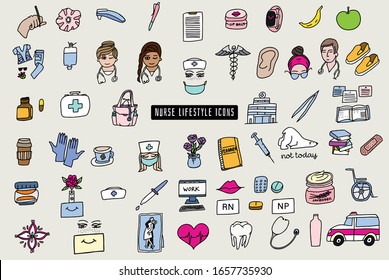 Colored hand drawn nurse lifestyle icons set. Doodle vector illustration. Includes medicine, mask, hospital, planner, ambulance, nurse hairstyle, dropper, thermometer,  heartbeat icons and more.