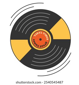 Вright colored hand drawn old music record in retro flat groovy style, element for logo, disco 60s, 70s, 80s, 90s. Vinyl vibes, great tunes. Vector illustration eps10