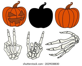 Colored hand drawn orange pumpkin with funny skeleton hands in different position vector illustration, Halloween icons isolated in a white background 