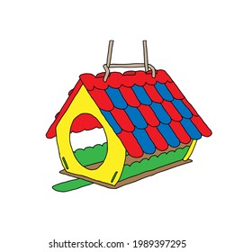 Colored hand drawn outline vector illustration of A birdhouse or squirrel house from new boards is hanging on a tree in the forest isolated on a white background
