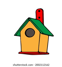 Colored hand drawn outline vector illustration of A birdhouse or squirrel house from new boards is hanging on a tree in the forest isolated on a white background