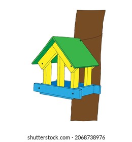 A Colored hand drawn outline vector illustration of A birdhouse is hanging on a tree in the forest isolated on a white background