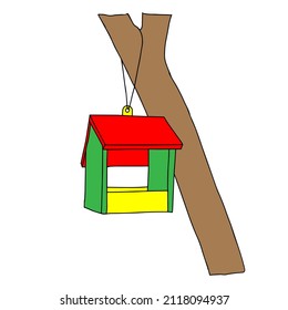 Colored hand drawn outline vector illustration of A birdhouse or squirrel house from new boards is hanging on a tree in the forest isolated on a white background