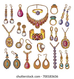 Colored hand drawn pictures of luxury vintage jewelry