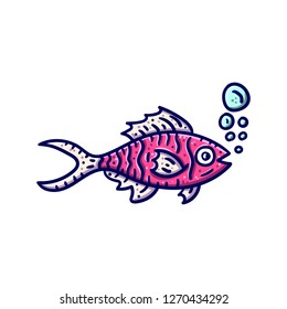 Colored hand drawn pink fish cliaprt. Vector illustration
