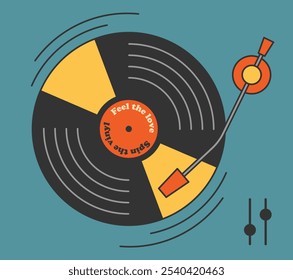 ВCartel dibujado a mano de color derecho con el viejo disco de música, reproductor, tocadiscos en estilo retro plano groovy, elemento para el logotipo, disco 60s, 70s, 80s, 90s. Siente amor, gira el vinilo. Ilustración vectorial eps10