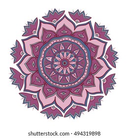 Colored hand drawn round ornament. Ethnic mandala. Boho style. Vector art