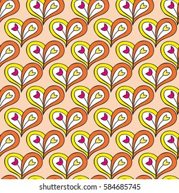 Colored hand drawn seamless pattern heart on orange background. Pattern can be used for Valentine's Day, fabric, wallpaper or wrapping paper.
