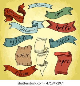 Colored Hand drawn set of old vintage ribbon banners and drawing in engraving style with word Welcome, Open and Hello. Vector Illustration
