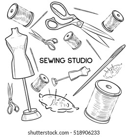 Colored hand drawn sewing icons set