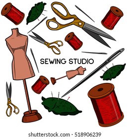 Colored hand drawn sewing icons set