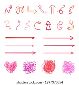 Colored hand drawn shapes on white. Abstract sketchy frameworks and arrows. Line art. Set of different signs. Colorful illustration. Doodles for artwork