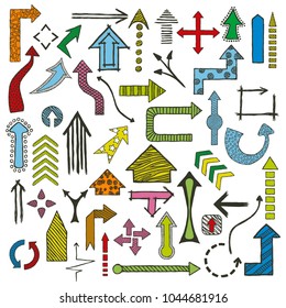 Colored Hand drawn sketched Arrows in different shapes set. Doodle arrows collection. Vector illustration.