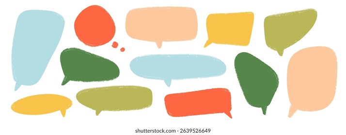 Colored hand drawn speech bubble collection. Playful Doodled marker dialog box set. Scribbled textured comic talk frames. Bright sketched chat box pack. Different balloon text box bundle. Vector 