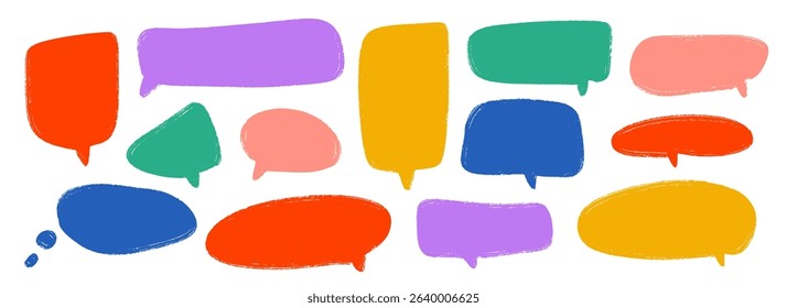 Colored hand drawn speech bubble collection. Playful Doodled marker dialog box set. Scribbled textured comic talk frames. Bright sketched chat box pack. Red and blue balloon text box bundle. Vector 