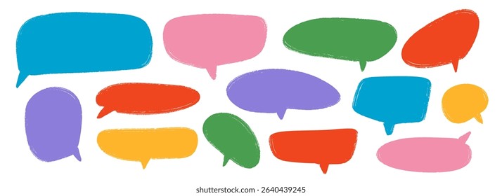 Colored hand drawn speech bubble collection. Doodled marker dialog box set. Scribbled textured comic talk frames. Bright sketched chat box pack. Red, blue, green balloon text box bundle. Vector 