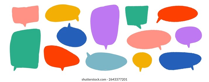 Colored hand drawn speech bubble collection. Doodled dialog box set. Scribbled textured marker comic talk frames. Red, yellow, green balloon text box bundle. Bright sketched chat boxes pack. Vector 